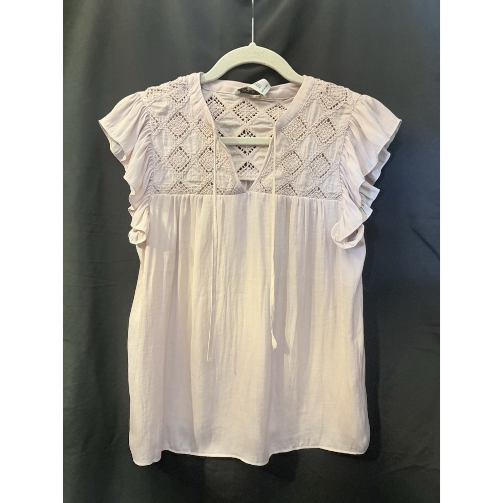 Rachel Zoe Women's S Ruffle Sleeve Lace Yoke Blouse • Pink Boho Cottagecore
